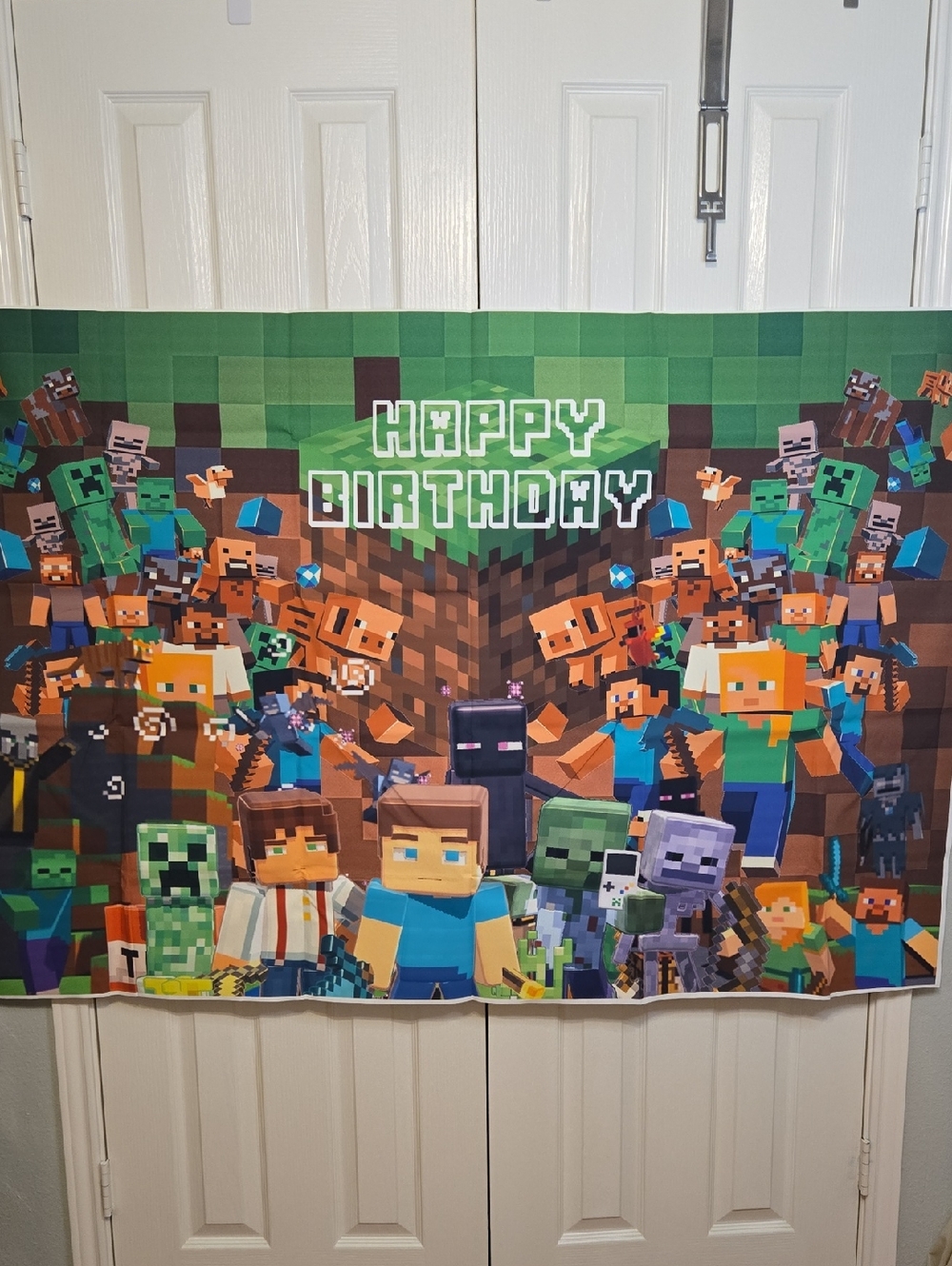 Minecraft Happy Birthday Backdrop - Green Pixel Characters 5'x3'
